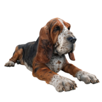 Hound Dog Lying Down with Short Shaggy Coat, Dark Brown Patches, on Transparent background AI-Generative png
