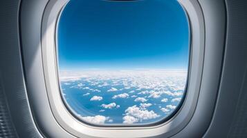 Scenic view through an airplane window with blue sky and white clouds representing wanderlust and exploration photo