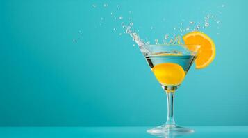 Citrus cocktail splashes in a martini glass, isolated on a gradient background photo