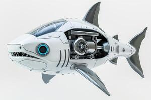 Robot shark utilized for underwater exploration, isolated on a white background photo