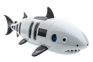 Robot shark utilized for underwater exploration, isolated on a white background photo