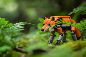 Robotic fox engaging with wildlife amidst serene forest scenery photo