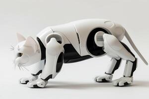 Robotic cat demonstrating playful behavior, isolated on a white background photo