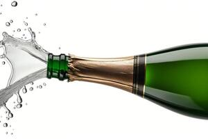 Liquid splash from newly opened champagne bottle, isolated on a white background photo