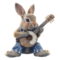 Rabbit cute animal with guitar for nursery on Transparent background AI-Generative png