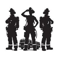 Firefighters group pose silhouette on isolated white background vector
