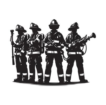 Firefighters group pose silhouette on isolated white background