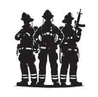 Firefighters group pose silhouette on isolated white background vector