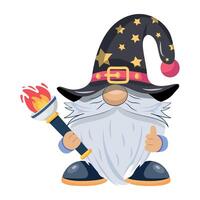 WebWitch gnome with a fire torch, flat style cartoon vector