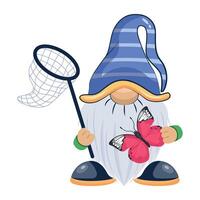 WebA cute gnome catching butterfly with net, flat icon vector