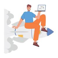 WebPerson with laptop and rocket denoting project launch, flat illustration vector