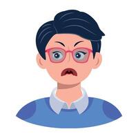 A flat icon showing glasses boy with weird face expression vector
