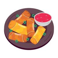 WebSpring rolls platter with sauce, flat style sticker vector