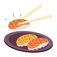 Eating sushi sticker in flat style Web vector
