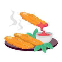 WebFried chicken platter with ketchup sauce, flat sticker vector