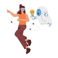 WebGirl interacting with a virtual robot, flat character illustration vector