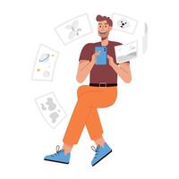 WebMan using mobile media, flat character illustration vector