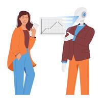 WebGirl working with business robot, flat style illustration vector