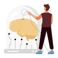 WebMan checking a preserved brain, flat character illustration vector