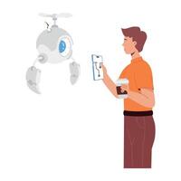 WebA flat character illustration of boy interacting with drone robot vector