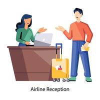 WebMan talking at airline reception, flat character illustration vector