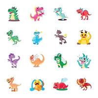 Basic RGBBundle of Cute Prehistoric Reptile Flat Stickers vector