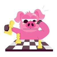 WebA flat sticker of confused pig playing chess vector