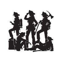 Firefighters group pose silhouette on isolated white background vector