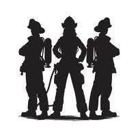 Firefighters group pose silhouette on isolated white background vector