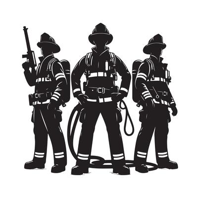 Firefighters group pose silhouette on isolated white background