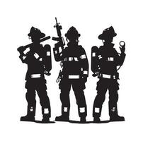 Firefighters group pose silhouette on isolated white background vector