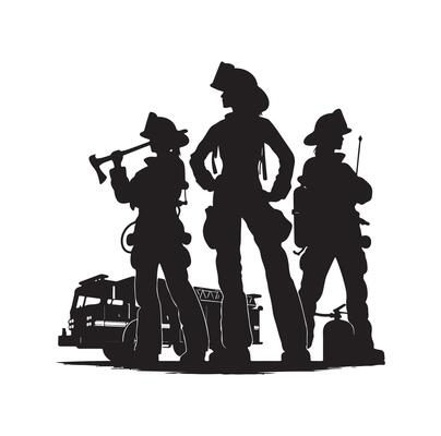 Firefighters group pose silhouette on isolated white background