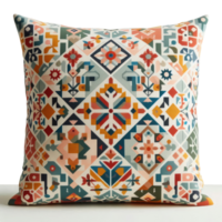 A colorful pillow with a pattern of flowers and squares png