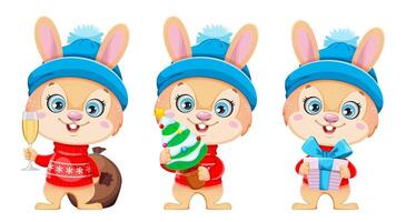 Cute cartoon character rabbit, set of three poses vector