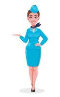 Stewardess in blue uniform presenting something vector