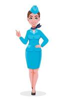 Stewardess in blue uniform pointing on something vector