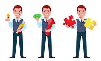 Handsome business man, set of three poses vector