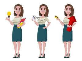 joven negocio mujer, conjunto de Tres poses vector