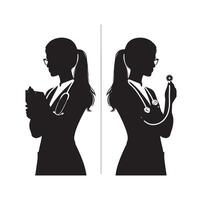 female doctor silhouette set. physicians standing in different position silhouette style on isolated white background vector