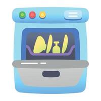 A dishwasher with crockery in it, flat icon vector