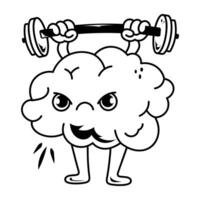Strong brain lifting a dumbbell, doodle icon vector