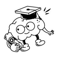 A student brain with a hat and degree, doodle icon vector