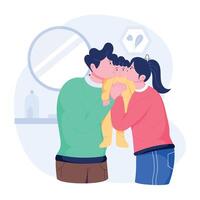 A flat style illustration of parents kissing baby on the cheeks vector