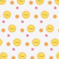Cute Summer Pattern with Sun, Oranges, and Starfish. Adorable Cartoon Sun and Citrus Summer Background. Playful Summer Design with Smiling Sun, Oranges, and Starfish. vector