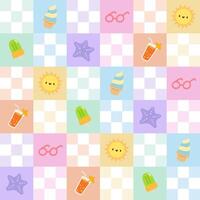 Kawaii Summer Checkerboard Pattern with Ice Cream and Suns.Cute Summer Icons in Pastel Checkered Background.Adorable Beach Theme Pastel Pattern with Ice Cream and Sunglasses. vector