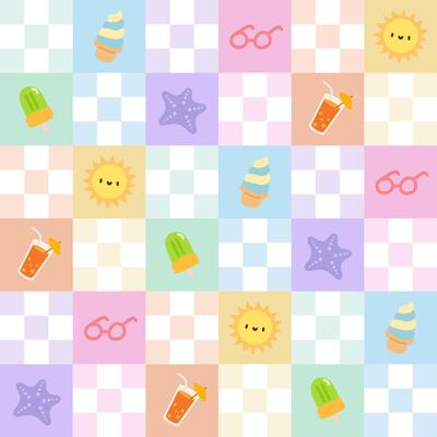 Kawaii Summer Checkerboard Pattern with Ice Cream and Suns.Cute Summer Icons in Pastel Checkered Background.Adorable Beach Theme Pastel Pattern with Ice Cream and Sunglasses.
