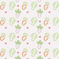 Kawaii Vegetable Pattern. Cute Carrots, Radishes, and Lettuce Design. Cute Vegetable Pattern with Adorable Carrot, Radish, Lettuce Illustration. vector