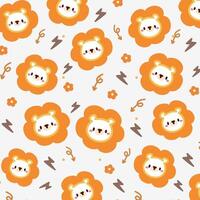 Cute Pattern with Cute Lion Faces and Flowers.Kawaii Lion and Flower Seamless Design. vector