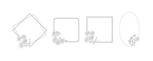Daisy flower geometric border minimalist frame line art on white background. Silhouette botanical hand drawn element for wedding, invitation frame design, illustration vector