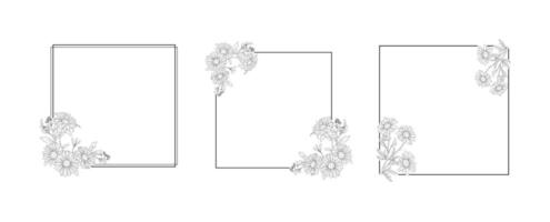Daisy flower geometric border minimalist frame line art on white background. Silhouette botanical hand drawn element for wedding, invitation frame design, illustration vector